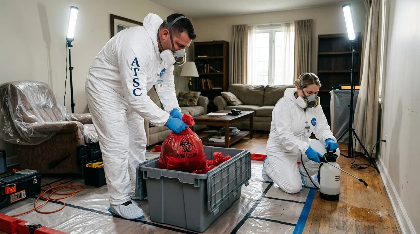 Professional Hoarding Cleanup technician in full PPE working in Bellefontaine Neighbors